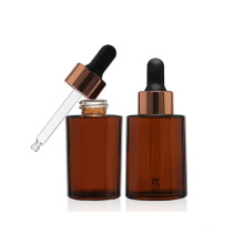 Free Sample Wholesale Flat Shoulder Amber Frosted Clear Glass Serum Bottles With Aluminium Gold Silver Dropper